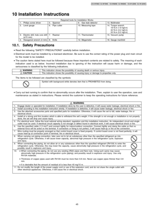 Page 4510 Installation Instructions
Required tools for Installation Works
1.Philips screw driver5.Spanner9.Gas leak detector13.Multimeter
2.Level gauge6.Pipe cutter10.Measuring tape14.Torque wrench
18 N.m (1.8 kgf.m)
42 N.m (4.2 kgf.m)
55 N.m (5.5 kgf.m)
3.Electric drill, hole core drill
(ø70 mm)7.Reamer11.Thermometer15.Vacuum pump
4.Hexagonal wrench (4 mm)8.Knife12.Megameter16.Gauge manifold
10.1. Safety Precautions
 • 
Read the followin g“SAFET Y PRECA UTIONS”carefully before installation.
 • 
Electrical work...