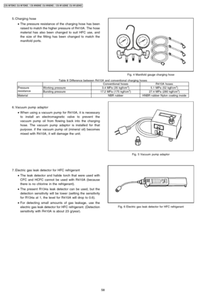 Page 58 5. Charging hose
 • The pressure resistance of the charging hose has been
raised to match the higher pressure of R410A . The hose
material has also been changed to suit HFC use, and
the size of the fitting has been changed to match the
manifold ports.
 6. Vacuum pump adaptor
 • W hen using a vacuum pump for R410A , it is necessary
to install an electromagnetic valve to prevent the
vacuum pump oil from flowing back into the charging
hose. The vacuum pump adaptor is installed for that
purpose. if the...