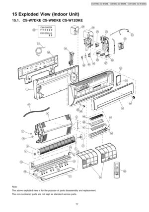 Page 7715 Exploded View (Indoor Unit)
15.1. CS-W7DKE CS-W9DKE CS-W12DKE
Note:
The above explode d view is for the purpose of parts disassembly and replacement.
The non-numbered parts are not kept as standard service parts.
77
CS-W7DKE CU-W7DKE / CS-W9DKE CU-W9DKE / CS-W12DKE CU-W12DKE 