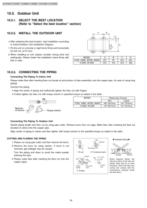 Page 5210.3.2. INSTALL THE OUTDOOR UNIT
 • After selecting the best location , start installation according
to Indoor/Outdoo r Unit Installation Diagram.
 1. Fix the unit on concrete or rigid frame firmly and horizontally
by bolt nut. (ø10 mm).
 2. When installin g at roof, please conside r strong wind and
earthquake. Please fasten the installation stand firmly with
bolt or nails.
CUTTING AND FLARING THE PIPING
 1. Please cut using pipe cutter and then remove the burrs.
 2. Remove the burrs by using reamer. If...