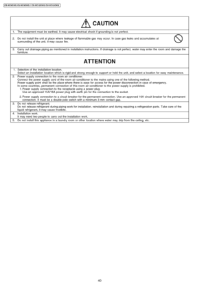 Page 401.The equipment must be earthed. It may cause electrical shock if grounding is not perfect.
2.Do not install the unit at place where leakage of flammable gas may occur. In case gas leaks and accumulates at
surrounding of the unit, it may cause fire.
3.Carry out drainage piping as mentioned in installation instructions. If drainage is not perfect, water may enter the room and damage the
furniture.
1.Selection of the installation location.
Select an installation location which is rigid and strong enough to...