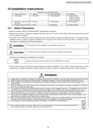 Page 3910 Installation Instructions
Required tools for Installation Works
1.Philips screw driver5.Spanner9.Gas leak detector13.Multimeter
2.Level gauge6.Pipe cutter10.Measuring tape14.Torque wrench
18 N.m (1.8 kgf.m)
42 N.m (4.2 kgf.m)
55 N.m (5.5 kgf.m)
3.Electric drill, hole core drill
(ø70 mm)7.Reamer11.Thermome ter15.Vacuum pump
4.Hexagonal wrench (4 mm)8.Knife12.Megameter16.Gauge manifold
10.1. Safety Precautions
 
    • 
• •  • 
Read the following“SAFETY PRECAUTIO NS”carefully before installa tion....