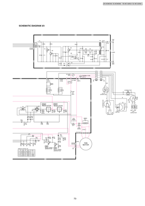 Page 73SCHEMATIC DIAGRAM 3/3
IC03
G I16VC115V 12VI
G
IC04
C1735V
(NHG)
DB01
C1425V50Hz
AC 220V
MOTORFAN
CN-FM5 4 3 1
CN-FB1(XH3)
RY-PWRAC
(WHT)
T01
5
8
13 2
511 ZNR01
REGULATOR
REGULATOR
+~
~
C-FM
C03
SSR01
511 ZNR03
L01
C19
1.3k R03C07
10k R37C15JX4R3810k R40
JX3
24k R42
RX1 R43
JX1
C18c
eb
R50
100k R49
1kR51
10k
c
eb6.2kR54
10k R53 6.2kR52
ZD1
7.5V
Q05Q06
50VC21
GENERATION RESET SIGNAL
GENERATION RESET SIGNALREMOTE CONTROL NO.
SHORT
SHORT
OPEN
SHORTSHORT
OPEN
OPEN
OPEN 1 0
3 2JX3 JX4 RX1
10K10K
2
1 2
FUSE
2A...