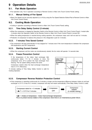 Page 119 Operation Details
9.1. Fan Mode Operation
 
    • 
• •  • Fan operation only. Fan in operation according to Remote Control or Main Unit (Touch Control Panel) setting.
9.1.1. Manual Setting of Fan Speed
 
    • 
• •  • Basic Fan Speed can be manua lly adjusted (Lo or Hi) by using the Fan Speed Selection Button/Pad at Remote Control or Main
Unit (Touch Control Panel).
9.2. Cooling Mode Operation
 
    • 
• •  • Cooling in operation according to Remote Control or Main Unit (Touch Control Panel) setting....