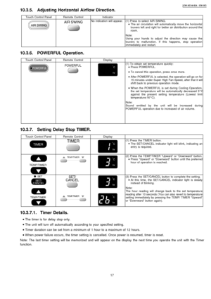 Page 1710.3.5. Adjusting Horizontal Airflow Direction.
Touch Control PanelRemote ControlIndicator
No indication will appear.(1) Press to select AIR SWING.
 
    • 
• •  • The air circulation will automatically move the horizontal
louvers left and right for better air distribution around the
room.
Note:
Using your hands to adjust the direction may cause the
louvers to malfunction. If this happens, stop operation
immediately and restart.
10.3.6. POWERFUL Operation.
Touch Control PanelRemote ControlDisplay
(1) To...