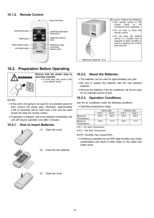 Page 14Ensure that the power plug is
securely inserted.
 • A loose plug may cause a fire
or an electric shock.
NOTES
 • If the unit is not going to be used for an extended period of
time, remove the powerplug. Otherwise,approximately
2.5W of electricity will be used even if the unit has been
turned off using the remote control.
 • If operation is stopped, and to be restarted immediately, the
unit will resume operation only after 3 minutes.
10.2.1. How to Insert Batteries
(1) Open the cover.
(2) Insert the two...