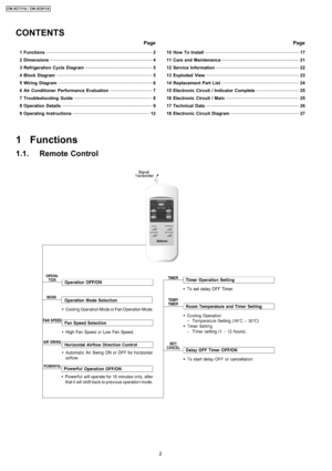 Page 2 1 Functions 2
 2 Dimensions 
4
 3 Refrigeration Cycle Diagram 
5
 4 Block Diagram 
5
 5 Wiring Diagram 
6
 6 Air Conditioner Performance Evaluation  
7
 7 Troubleshooting Guide 
8
 8 Operation Details 
9
 9 Operating Instructions 
12 10  How To Install 
17
 11  Care and Maintenance 
21
 12  Service Information 
22
 13  Exploded View 
23
 14  Replacement Part List 
24
 15  Electronic Circuit / Indicator Complete 
25
 16  Electronic Circuit / Main 
25
 17  Technical Data 
26
 18  Electronic Circuit...