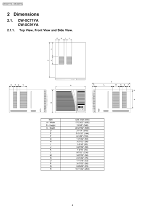 Page 42 Dimensions
2.1. CW-XC71YA
CW-XC91YA
2.1.1. Top View, Front View and Side View.
ItemUnit: Inch (mm)
A - Width17-23/32” (450)
B - Height13-5/8” (346)
C - Depth22-27/32” (580)
D21-1/4” (540)
E5-21/32” (144)
F6-1/32” (153)
G1-31/32” (50)
H3-27/32” (98)
I1-3/16” (30)
J3-27/32” (98)
K1-9/16” (40)
L9-7/32” (234)
M3-27/32” (98)
N2-31/32” (75)
O1-11/16” (43)
P3-17/32” (90)
Q0-29/32” (23)
R10-11/32” (263)
4
CW-XC71YA / CW-XC91YA 