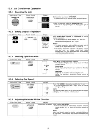 Page 1510.3. Air Conditioner Operation
10.3.1. Operating the Unit
Touch Control PanelRemote ControlDisplay
Start operation by pressingOPERATION.
 • Operation will turn on and the display panel will light up.
To stop the operation, press theOPERATIONagain.
 • The unit will stop operating and the display panel light will
turn off.
10.3.2. Setting Display Temperature
Touch Control PanelRemote ControlDisplay
Display will
change
according to
the setting.
PressTEMP/TIMER “Upward”or“Downward”to set the
display...