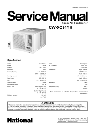 Page 1ModelCW -XC91YH
PhaseSingle
Voltage240 - 220 V
Frequency50 Hz
Cooling Capacity2.67 - 2.64 kW
9,100 - 9,000 Btu/h
Running Current4.3 - 4.4 A
Input Power975 - 935 W
EER2.74 - 2.82 W/W
Starting Current16.9 A
Compressor Output750 W
Noise LevelIndoor (High / Low):
49 / 45 - 47 / 43
Outdoor (High / Low):
58 / 54 - 57 / 53
Moisture Removal1.6 Ltr/h
3.4 Pint/h
© 2001 Matsushita Industrial Corp. Sdn. Bhd.
(11969-T). All rights reserved. Unauthorized copying
and distribution is a violation of law.
CW-XC91YH...