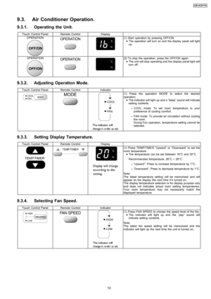 Page 139.3. Air Conditioner Operation.
9.3.1. Operating the Unit.
Touch Control PanelRemote ControlDisplay
(1) Start operation by pressing OFF/ON.
 
    • 
• •  • The operation will turn on and the display panel will light
up.
(2) To stop the operation, press the OFF/ON again.
 
    • 
• •  • The unit will stop operating and the display panel light will
turn off.
9.3.2. Adjusting Operation Mode.
Touch Control PanelRemote ControlIndicator
(1) Press the operation MODE to select the desired
operation.
 
    • 
• •...