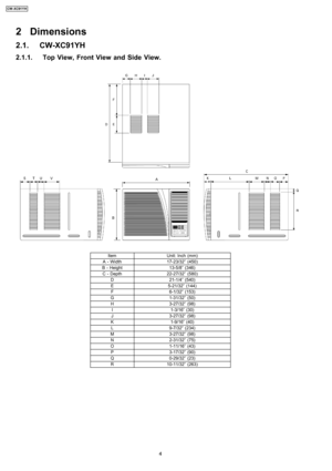 Page 42 Dimensions
2.1. CW-XC91YH
2.1.1. Top View, Front View and Side View.
ItemUnit: Inch (mm)
A - Width17-23/32” (450)
B - Height13-5/8” (346)
C - Depth22-27/32” (580)
D21-1/4” (540)
E5-21/32” (144)
F6-1/32” (153)
G1-31/32” (50)
H3-27/32” (98)
I1-3/16” (30)
J3-27/32” (98)
K1-9/16” (40)
L9-7/32” (234)
M3-27/32” (98)
N2-31/32” (75)
O1-11/16” (43)
P3-17/32” (90)
Q0-29/32” (23)
R10-11/32” (263)
4
CW-XC91YH 