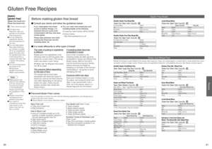 Page 11
20
21

Recipes

[basic]
[gluten free]
(gluten free bread mix / 
wheat free bread mix)
 : Timer cannot be used
●  The Raisin Nut 
Dispenser does not 
operate on the Gluten 
Free programme.
●  Put any additional 
ingredients directly 
into the bread pan at 
the start.
●  You can bake gluten 
free cakes following 
our recipes on pages 
28-31 by substituting 
gluten free plain ﬂour 
for standard plain ﬂour.  
If self-raising ﬂour is 
required also add 1tsp 
of gluten free baking 
powder.
●  You can purchase...