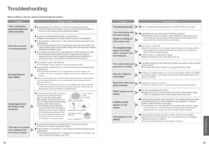 Page 18
34
35

Troubleshooting

Troubleshooting
Cause ➔ ActionProblem
Before calling for service, please check through this section.
●  You have used too much ﬂour, or you are not using enough liquid. 
➔  Check the recipe and measure out the correct amount using scales for 
the ﬂour or the measuring cup provided for liquids.
There is excess ﬂour 
around the bottom and 
sides of my bread.
●  You haven’t put the kneading blade in the bread pan. 
➔  Make sure the blade is in the pan before you put in the...