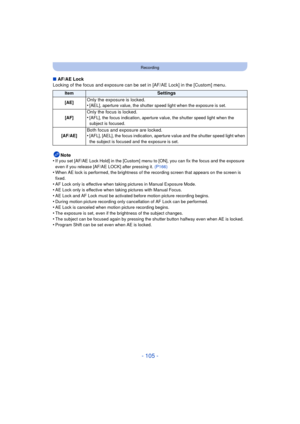 Page 105- 105 -
Recording
∫AF/AE Lock
Locking of the focus and exposure can be set in [AF/AE Lock] in the [Custom] menu.
Note
•
If you set [AF/AE Lock Hold] in the [Custom] menu to [ON], you can fix the focus and the exposure 
even if you release [AF/AE LOCK] after pressing it.  (P166)
•When AE lock is performed, the brightness of the recording screen that appears on the screen is 
fixed.
•AF Lock only is effective when taking pictures in Manual Exposure Mode.•AE Lock only is effective when taking pictures with...