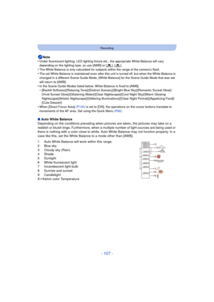 Page 107- 107 -
Recording
Note
•Under fluorescent lighting, LED lighting fixture etc., the appropriate White Balance will vary 
depending on the lighting type, so use [AWB] or [ ], [ ].
•The White Balance is only calculated for subjects within the range of the camera’s flash.
•The set White Balance is maintained even after this unit is turned off, but when the White Balance is 
changed in a different Scene Guide Mode, [White Balance] for the Scene Guide Mode that was set 
will return to [AWB].
•In the Scene...