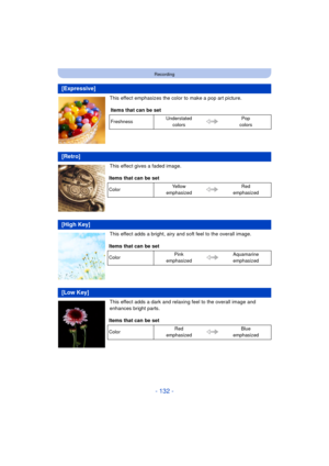 Page 132- 132 -
Recording
This effect emphasizes the color to make a pop art picture.
This effect gives a faded image.
This effect adds a bright, airy and soft feel to the overall image.
This effect adds a dark and relaxing feel to the overall image and 
enhances bright parts.
[Expressive]
Items that can be set
FreshnessUnderstated 
colors Pop 
colors
[Retro]
Items that can be set
Color Yellow 
emphasized Red 
emphasized
[High Key]
Items that can be set
Color Pink 
emphasized Aquamarine 
emphasized
[Low Key]...