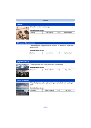 Page 133- 133 -
Recording
This effect creates a sepia image.
This effect gives a higher contrast to create an impressive black and 
white picture.
This effect gives your photo a dramatic contrast look.
This effect produces the optimum brightness for both dark and bright 
parts.
[Sepia]
Items that can be set
ContrastLow contrast High contrast
[Dynamic Monochrome]
Items that can be set
ContrastLow contrast High contrast
[Impressive Art]
Items that can be set
FreshnessBlack and white Pop colors
[High Dynamic]
Items...