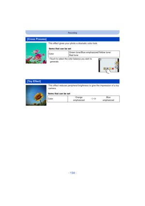 Page 134- 134 -
Recording
This effect gives your photo a dramatic color look.
This effect reduces peripheral brightness to give the impression of a toy 
camera.
[Cross Process]
Items that can be set
ColorGreen tone/Blue emphasized/Yellow tone/
Red tone
•
Touch to select the color balance you wish to 
generate.
[Toy Effect]
Items that can be set
Color Orange 
emphasized Blue 
emphasized
XPRO XPRO 