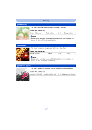 Page 137- 137 -
Recording
This effect blurs the overall image to produce a soft feel.
This effect transforms pin-points of light into a star effect.
This effect leaves one selected color to emphasize impressiveness.
[Soft Focus]
Items that can be set
Extent of defocus Weak defocusStrong defocus
Note
•Display of the recording screen will be delayed more than usual and the 
screen will look as if  frames are dropping.
[Star Filter]
Items that can be set
Length of shine Short Long
Note
•Display of the recording...