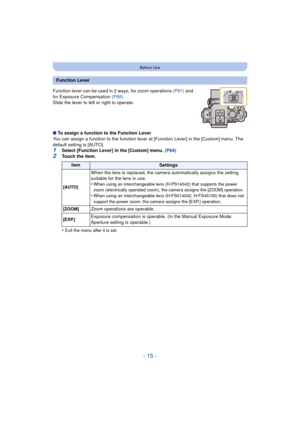 Page 15- 15 -
Before Use
Function lever can be used in 2 ways, for zoom operations (P81) and 
for Exposure Compensation  (P88).
Slide the lever to left or right to operate.
∫ To assign a function to the Function Lever
You can assign a function to the function lever  at [Function Lever] in the [Custom] menu. The 
default setting is [AUTO].
1Select [Function Lever] in the [Custom] menu. (P64)
2Touch the item.
•
Exit the menu after it is set.
Function Lever
ItemSettings
[AUTO]
When the lens is replaced, the camera...