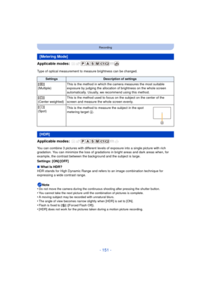 Page 151- 151 -
Recording
Applicable modes: 
Type of optical measurement to measure brightness can be changed.
Applicable modes: 
You can combine 3 pictures with different levels  of exposure into a single picture with rich 
gradation. You can minimize the loss of gradati ons in bright areas and dark areas when, for 
example, the contrast between the background and the subject is large.
Settings: [ON]/[OFF]
∫ What Is HDR?
HDR stands for High Dynamic Range and refers to an image combination technique for...