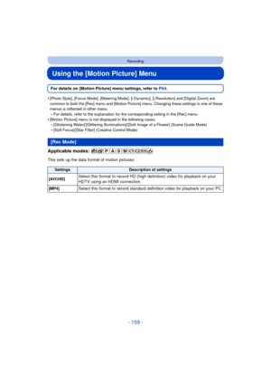 Page 159- 159 -
Recording
Using the [Motion Picture] Menu
For details on [Motion Picture] menu settings, refer to P64.
•
[Photo Style], [Focus Mode], [Metering Mode], [i.Dynamic], [i.Resolution] and [Digital Zoom] are 
common to both the [Rec] menu and [Motion Picture] menu. Changing these settings in one of these 
menus is reflected in other menu.
–For details, refer to the explanation for the corresponding setting in the [Rec] menu.•[Motion Picture] menu is not displayed in the following cases.–[Glistening...