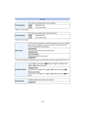 Page 170- 170 -
Recording
•Refer to P40 for details.
•Refer to P40 for details.
•LCD monitor display and viewfinder display can be switched manually by pressing [LVF/LCD].  (P34)
[LVF Disp.Style]
This will set the display style of the viewfinder.
[]:Viewfinder style
[]: LCD monitor style
[LCD Disp.Style]
This will set the display style of the LCD monitor.
[]:Viewfinder style
[]: LCD monitor style
[Eye Sensor]
It will switch automatically to viewfinder display when an eye or object 
gets near the viewfinder using...