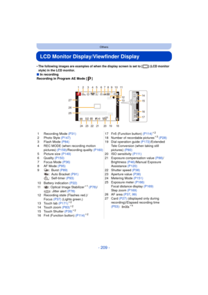 Page 209- 209 -
Others
LCD Monitor Display/Viewfinder Display
•The following images are examples of when the display screen is set to [ ] (LCD monitor 
style) in the LCD monitor.
∫In recording
Recording in Program AE Mode [ ]
1 Recording Mode  (P31)
2 Photo Style  (P147)
3 Flash Mode  (P84)
4 REC MODE (when recording motion  pictures)  (P159)/Recording quality  (P160)
5 Picture size (P149)
6 Quality  (P150)
7 Focus Mode  (P36)
8 AF Mode (P95)
9:Burst  (P89)
: Auto Bracket  (P91)
: Self-timer  (P93)
10 Battery...