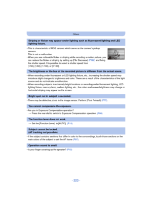 Page 223- 223 -
Others
•When recording under fluorescent or LED lighting fixture, etc., increasing the shutter speed may 
introduce slight changes to brightness and color. These are a result of the characteristics of the light 
source and do not indicate a malfunction.
•When recording subjects in extremely bright locations or recording under fluorescent lighting, LED 
lighting fixture, mercury lamp, sodium lighting, etc., the colors and screen brightness may change or 
horizontal striping may appear on the...