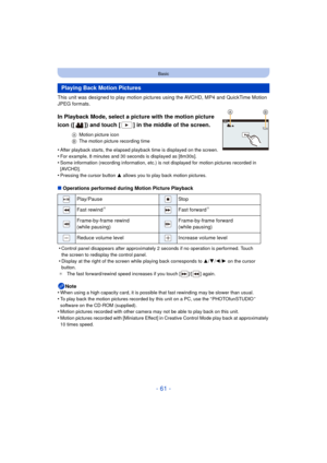 Page 61- 61 -
Basic
This unit was designed to play motion pictures using the AVCHD, MP4 and QuickTime Motion 
JPEG formats.
In Playback Mode, select a picture with the motion picture 
icon ([ ]) and touch [ ] in the middle of the screen.
AMotion picture icon
B The motion picture recording time
•After playback starts, the elapsed playback time is displayed on the screen.
•For example, 8 minutes and 30 seconds is displayed as [8m30s].•Some information (recording information, etc.) is not displayed for motion...