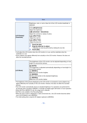 Page 72- 72 -
Basic
•It will adjust the LCD monitor when the LCD monitor is in use, and the viewfinder when the 
viewfinder is in use.
•Some subjects may appear differently from actuality on the LCD monitor. However, this does not 
affect the recorded pictures.
•The brightness of the pictures displayed on the LCD monitor is increased so some subjects may 
appear differently from actuality on the LCD monitor. However, this does not affect the recorded 
pictures.
•The LCD monitor automatically returns to standard...