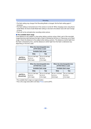 Page 86- 86 -
Recording
•The flash setting may change if the Recording Mode is changed. Set the flash setting again if 
necessary.
•The flash setting is memorized even if the camera is turned off. When changing scene using Scene 
Guide Mode, the Scene Guide Mode flash setting is returned to the default value with each change 
of scene.
•Flash will not be activated when recording motion picture.
∫The available flash range
If the distance to the subject is close when taking a picture using a flash, part of the...