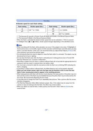Page 87- 87 -
Recording
∫Shutter speed for each flash setting
¢1This becomes 60 seconds in Shutter-Priority AE Mode and B (Bulb) in the Manual Exposure Mode.¢2 This becomes B (Bulb) in the Manual Exposure Mode.•When the flash is activated the fastest shutter speed that can be selected is 1/160 of a second.
•In Intelligent Auto (  or  ) Mode, shutter speed changes depending on the identified scene.
Note
•When recording with the flash, white saturation can occur if the subject is too close. If [Highlight] of 
the...
