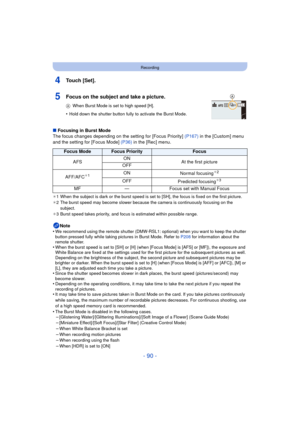 Page 90- 90 -
Recording
4Touch [Set].
5Focus on the subject and take a picture.
AWhen Burst Mode is set to high speed [H].
•Hold down the shutter button fully to activate the Burst Mode.
∫Focusing in Burst Mode
The focus changes depending on the setting for [Focus Priority]  (P167) in the [Custom] menu 
and the setting for [Focus Mode]  (P36) in the [Rec] menu.
¢ 1 When the subject is dark or the burst speed is set to [SH], the focus is fixed on the first picture.
¢ 2 The burst speed may become slower because...