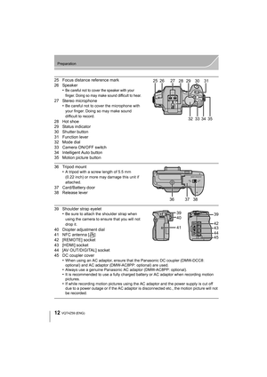 Page 1212
Preparation
VQT4Z59 (ENG) 
25 Focus distance reference mark
26 Speaker•
Be careful not to cover the speaker with your 
finger. Doing so may make sound difficult to hear.
27 Stereo microphone•Be careful not to cover the microphone with 
your finger. Doing so may make sound 
difficult to record.
28 Hot shoe
29 Status indicator
30 Shutter button
31 Function lever
32 Mode dial
33 Camera ON/OFF switch
34 Intelligent Auto button
35 Motion picture button
36 Tripod mount•A tripod with a screw length of 5.5 mm...