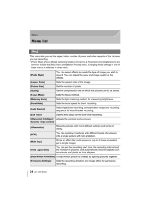 Page 3434
Others
VQT4Z59 (ENG) 
Menu list
This menu lets you set the aspect ratio, number of pixels and other aspects of the pictures 
you are recording.
•
[Photo Style], [Focus Mode], [Metering Mode], [i.Dynamic], [i.Resolution] and [Digital Zoom] are 
common to both the [Rec] menu and [Motion Picture] menu. Changing these settings in one of 
these menus is reflected in other menu.
[Rec]
[Photo Style]You can select effects to match the type of image you wish to 
record. You can adjust the color and image...