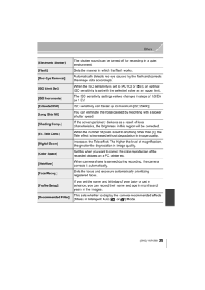 Page 3535
Others
 (ENG) VQT4Z59
[Electronic Shutter]The shutter sound can be turned off for recording in a quiet 
environment.
[Flash]Sets the manner in which the flash works.
[Red-Eye Removal]Automatically detects red-eye caused by the flash and corrects 
the image data accordingly.
[ISO Limit Set]When the ISO sensitivity is set to [AUTO] or [ ], an optimal 
ISO sensitivity is set with the selected value as an upper limit.
[ISO Increments]The ISO sensitivity settings values changes in steps of 1/3 EV 
or 1...