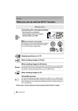Page 2828
Wi-Fi/NFC
VQT4Z59 (ENG) 
What you can do with the Wi-FiR function
•Please refer to “Owner’s Manual for advanced features (PDF format)” for details.
What you can do
Controlling with a Smartphone/Tablet
Recording with a smartphone.
Saving images stored in the camera.
Sending images to an SNS.Easy connection, easy transfer
A connection can be easily established by pressing 
and holding [Wi-Fi] or by using the NFC function. 
You can also transfer images easily.
Displaying pictures on a TV
When sending...