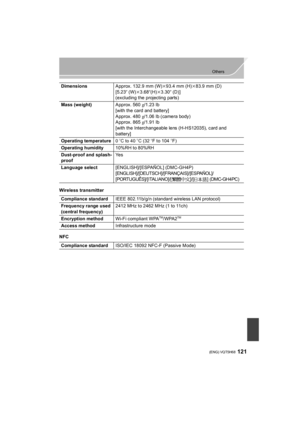 Page 121121
Others
 (ENG) VQT5H68
Wireless transmitter
NFCDimensions
Approx. 132.9 mm (W)k93.4 mm (H) k83.9 mm (D)
[5.23 q (W)k3.68q(H) k3.30q (D)]
(excluding the projecting parts)
Mass (weight) Approx. 560g/1.23 lb
[with the card and battery]
Approx. 480 g/1.06 lb (camera body)
Approx. 865 g/1.91 lb
[with the Interchangeable lens (H-HS12035), card and 
battery]
Operating temperature
0oC to 40oC (32  oF to 104  oF)
Operating humidity 10%RH to 80%RH
Dust-proof and splash-
proof Ye s
Language select...