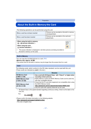 Page 17- 17 -
Preparation
About the Built-in Memory/the Card
•You can copy the recorded pictures to a card. (P97)•Memory size: Approx. 90 MB
•The access time for the built-in memory may be longer than the access time for a card.
The following cards, which conform to the SD video standard, can be used with this unit.
(These cards are indicated as card in the text.)
¢SD Speed Class is the speed standard regarding continuous writing. Check via the label on the 
card, etc.
•Please confirm the latest information on...