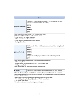 Page 41- 41 -
Basic
•[Auto Power Off] is set to [5MIN.] in the Intelligent Auto Mode.•[Auto Power Off] does not work in the following cases.–When using the AC adaptor (supplied)
–When connecting to a PC or a printer–When recording or playing back motion pictures
–During a Slide Show
•[Auto Review] is activated regardless of its setting in the following case.–When using [Burst].•The Auto Review function is fixed to [2 SEC.] in the following case.
–Intelligent Auto Mode•[Auto Review] does not work when recording...