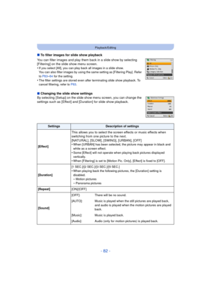 Page 82- 82 -
Playback/Editing
∫To filter images for slide show playback
You can filter images and play them back in a slide show by selecting 
[Filtering] on the slide show menu screen.
•
If you select [All], you can play back all images in a slide show. 
You can also filter images by using the same setting as [Filtering Play]. Refer 
to  P83
–84 for the setting.
•The filter settings are stored even after terminating slide show playback. To 
cancel filtering, refer to  P83.
∫Changing the slide show settings
By...