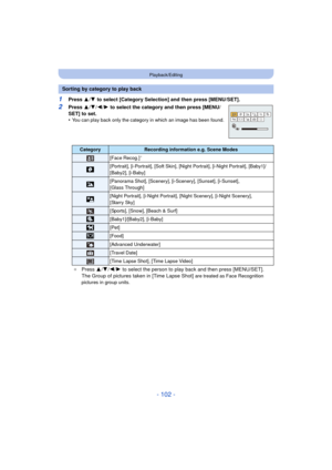 Page 102- 102 -
Playback/Editing
1Press 3/4  to select [Category Selection] and then press [MENU/SET].
2Press  3/4 /2/ 1 to select the category and then press [MENU/
SET] to set.
•
You can play back only the category in which an image has been found.
Sorting by category to play back
Category Recording information e.g. Scene Modes
[Face Recog.]¢
*[Portrait], [i-Portrait], [Soft Skin], [Night Portrait], [i-Night Portrait], [Baby1]/
[Baby2], [i-Baby]
,[Panorama Shot], [Scenery], [i-Scenery], [Sunset], [i-Sunset],...