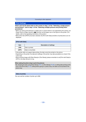 Page 129- 129 -
Connecting to other equipment
Select and set the items both on the screen in step 2 of the “Selecting a single picture 
and printing it” and in step 
3 of the “Selecting multiple pictures and printing them” 
procedures.
•
When you want to print pictures in a paper size or a layout which is not supported by the camera, set 
[Paper Size] or [Page Layout] to [ {] and then set the paper size or the layout on the printer. (For 
details, refer to the operating instructions of the printer.)
•When [Print...