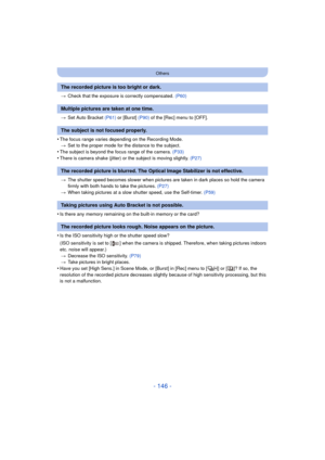 Page 146- 146 -
Others
>Check that the exposure is correctly compensated.  (P60)
> Set Auto Bracket (P61)  or [Burst] (P90) of the [Rec] menu to [OFF].
•The focus range varies depending on the Recording Mode.
> Set to the proper mode for the distance to the subject.
•The subject is beyond the focus range of the camera.  (P33)•There is camera shake (jitter) or the subject is moving slightly.  (P27)
> The shutter speed becomes slower when pictures are taken in dark places so hold the camera 
firmly with both hands...