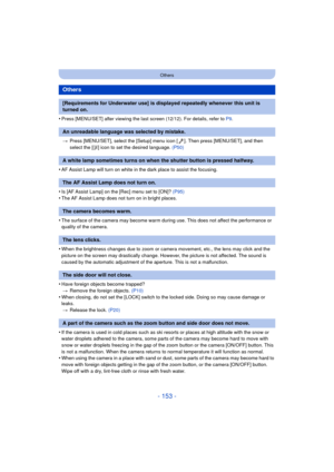 Page 153- 153 -
Others
•Press [MENU/SET] after viewing the last screen (12/12). For details, refer to P9.
> Press [MENU/SET], select the [Setup] menu icon [ ]. Then press [MENU/SET], and then 
select the [ ~] icon to set the desired language.  (P50)
•AF Assist Lamp will turn on white in the dark place to assist the focusing.
•Is [AF Assist Lamp] on the [Rec] menu set to [ON]?  (P95)
•The AF Assist Lamp does not turn on in bright places.
•The surface of the camera may become warm during use. This does not affect...
