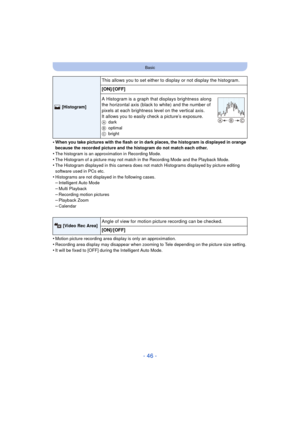 Page 46- 46 -
Basic
•When you take pictures with the flash or in dark places, the histogram is displayed in orange 
because the recorded picture and the histogram do not match each other.
•The histogram is an approximation in Recording Mode.•The Histogram of a picture may not match in the Recording Mode and the Playback Mode.•The Histogram displayed in this camera does not match Histograms displayed by picture editing 
software used in PCs etc.
•Histograms are not displayed in the following cases.–Intelligent...