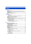 Page 2- 2 -
Contents
Before Use
Care of the camera ...................................................................................................... 6
(Important) About the Waterproof/Dustproof and Anti-shock Performance of 
the Camera ................................................................................................................... 8
Standard Accessories ............................................................................................... 13
Names and Functions of Main...