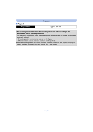 Page 17- 17 -
Preparation
∫Playback
•
The operating times and number of recordable pictures will differ according to the 
environment and the operating conditions.
For example, in the following cases, the operating times will shorten and the number of recordable 
pictures is reduced:
–In low-temperature environments, such as on ski slopes.
–When operations such as flash and zoom are used repeatedly.•When the operating time of the camera becomes extremely short even after properly charging the 
battery, the life...